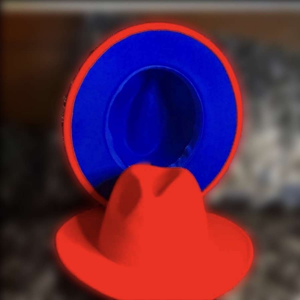 COPY - 🌺Red Wide brim Fedora Hat/Under Rim:Royal Blue.🌺
